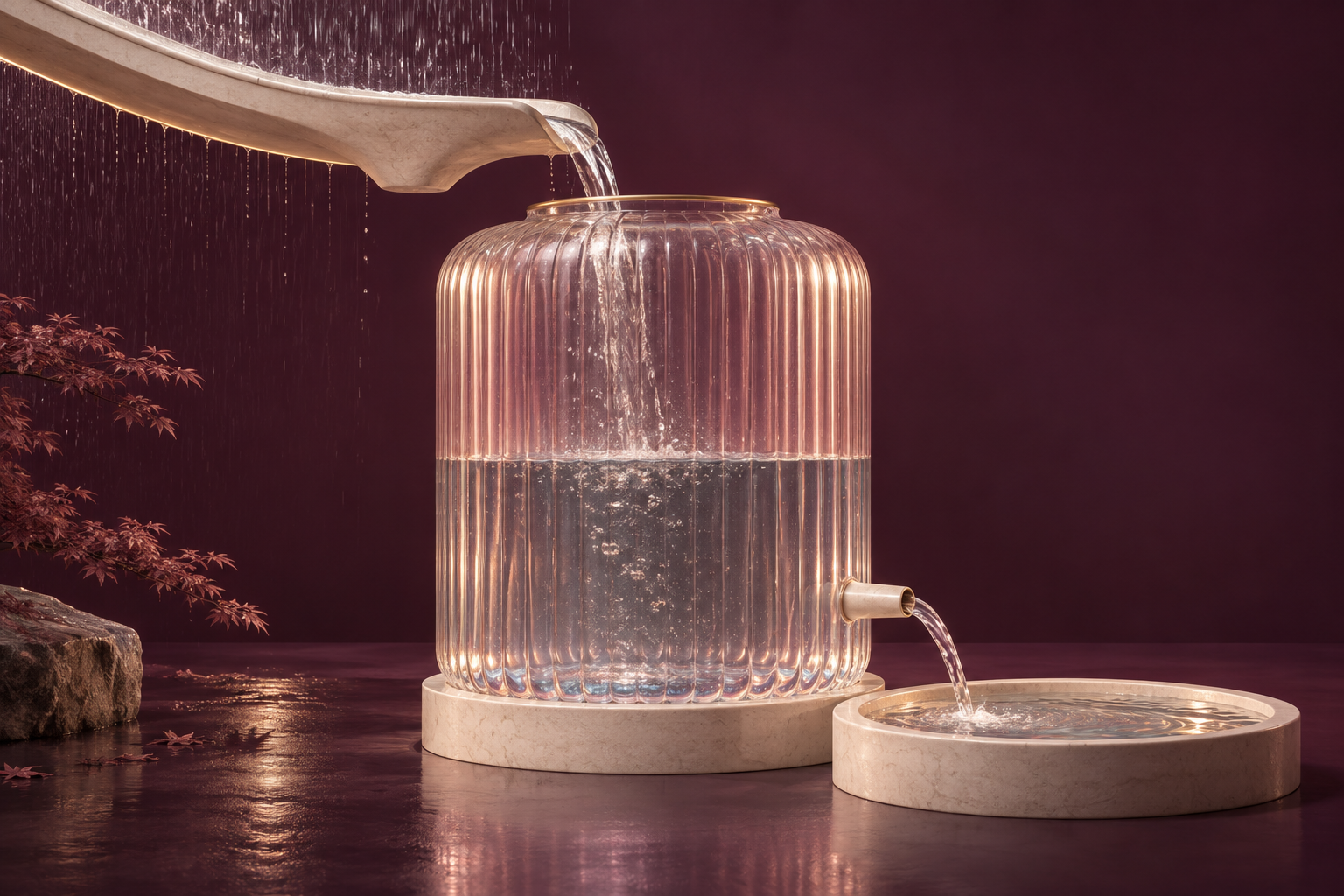 Artistic study of rain entering a translucent cistern and flowing into a basin